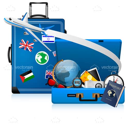 Blue Suitcases with Various International Travel Elements